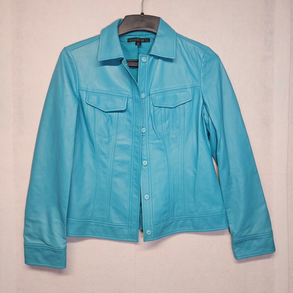 Lafayette 148 New York Teal Leather Jacket Size 6 Buttery Soft